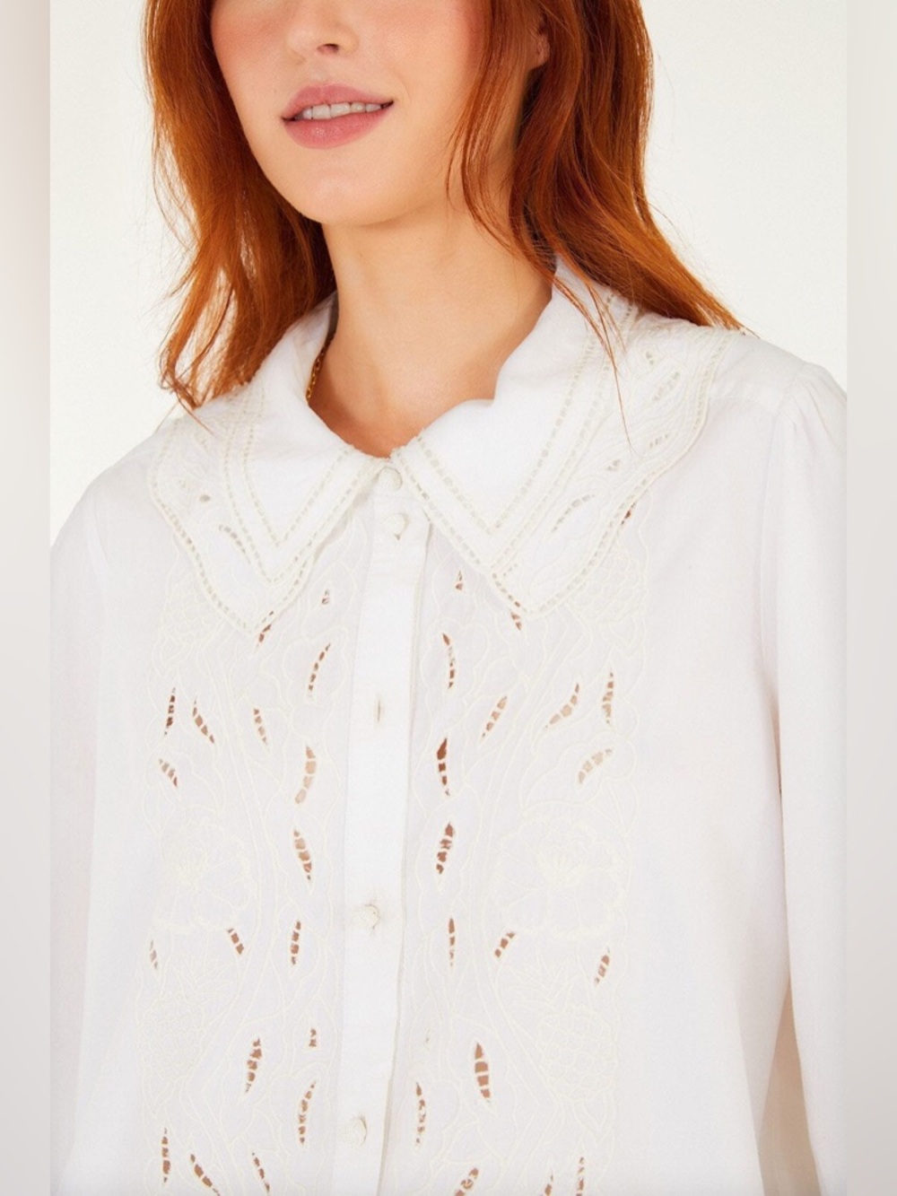 Farm Rio Off-White Embroidered Lace Buttoned Smocked Cuff Shirt - Picture 3 of 9